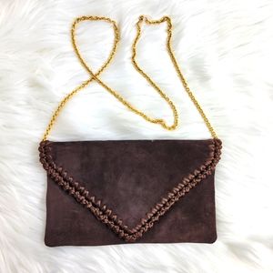 Rodo brown suede envelop clutch purse braided hem gold chain